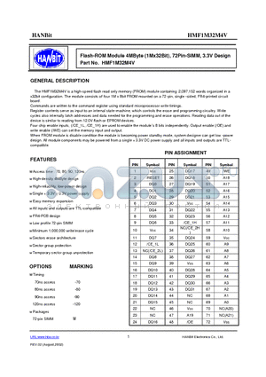 HMF1M32M4V datasheet - Flash-ROM Module 4MByte (1Mx32Bit), 72Pin-SIMM, 3.3V Design