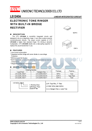 LS1240A datasheet - ELECTRONIC TONE RINGER WITH BUILT-IN BRIDGE RECTIFIER