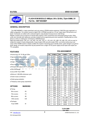 HMF1M32M8P-90 datasheet - FLASH-ROM MODULE 4MByte (1M x 32-Bit), 72pin-SIMM, 5V