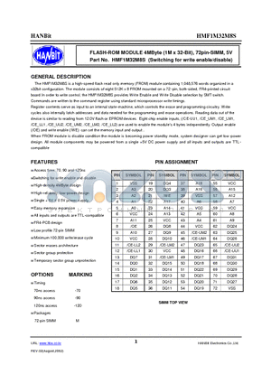 HMF1M32M8S datasheet - FLASH-ROM MODULE 4MByte (1M x 32-Bit), 72pin-SIMM, 5V