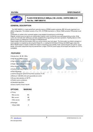 HMF1M64F4V-120 datasheet - FLASH-ROM MODULE 8MByte (1M x 64-Bit) ,120PIN SMM,3.3V