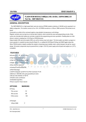 HMF1M64F4VA datasheet - FLASH-ROM MODULE 8MByte (1M x 64-Bit) ,120PIN SMM,3.3V