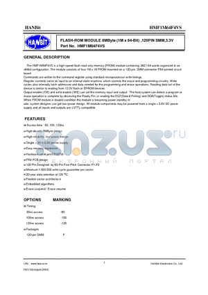 HMF1M64F4VS-90 datasheet - FLASH-ROM MODULE 8MByte (1M x 64-Bit) ,120PIN SMM,3.3V