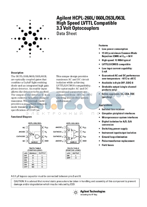 HCPL-260L datasheet - High Speed LVTTL Compatible 3.3 Volt Optocouplers