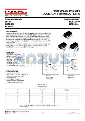 HCPL-2611 datasheet - HIGH SPEED-10 MBit/s LOGIC GATE OPTOCOUPLERS