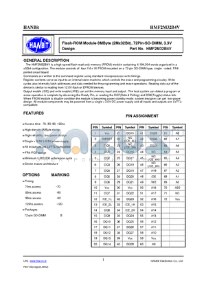 HMF2M32B4V-80 datasheet - Flash-ROM Module 8MByte (2Mx32Bit), 72Pin-SO-DIMM, 3.3V