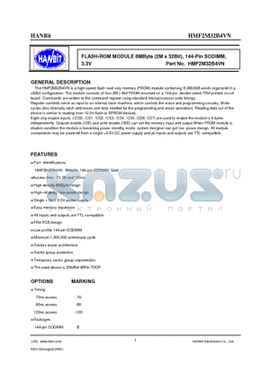 HMF2M32B4VN-120 datasheet - FLASH-ROM MODULE 8MByte (2M x 32Bit), 144-Pin SODIMM, 3.3V