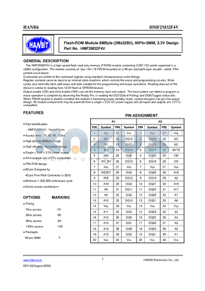 HMF2M32F4V datasheet - Flash-ROM Module 8MByte (2Mx32Bit), 80Pin-SMM, 3.3V Design