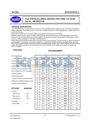 HMF2M32F4VA-120 datasheet - Flash-ROM Module 8MByte (2Mx32Bit), 80Pin-SMM, 3.3V Design