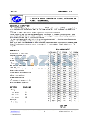 HMF2M32M4GL datasheet - FLASH-ROM MODULE 8MByte (2M x 32-Bit), 72pin-SIMM, 5V