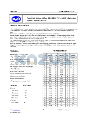 HMF2M32M4VGL-70 datasheet - Flash-ROM Module 8MByte (2Mx32Bit), 72Pin-SIMM, 3.3V Design