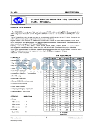 HMF2M32M8A-120 datasheet - FLASH-ROM MODULE 8MByte (2M x 32-Bit), 72pin-SIMM, 5V