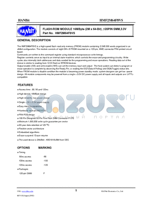 HMF2M64F8VS-100 datasheet - FLASH-ROM MODULE 16MByte (2M x 64-Bit) ,120PIN SMM,3.3V