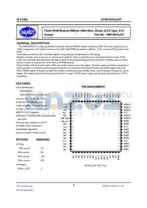 HMF4M16J4V-120 datasheet - Flash-ROM Module 8MByte (4Mx16bit), 68-pin JLCC type, 3.3V Design