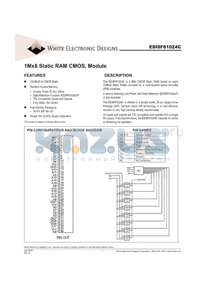 EDI8F81024C100BSC datasheet - 1Mx8 Static RAM CMOS, Module