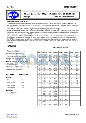 HMF4M32B8V-80 datasheet - Flash-ROM Module 16MByte (4Mx32Bit), 72Pin-SO-DIMM, 3.3V Design