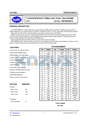 HMF4M32B8VS-120 datasheet - FLASH-ROM MODULE 16MByte (4M x 32-Bit) ,72pin-SODIMM, 3.3V