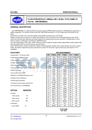 HMF4M32M4GL datasheet - FLASH-ROM MODULE 16MByte (4M x 32-Bit), 72-Pin SIMM, 5V