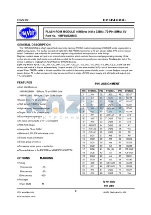 HMF4M32M8G datasheet - FLASH-ROM MODULE 16MByte (4M x 32Bit), 72-Pin SIMM, 5V