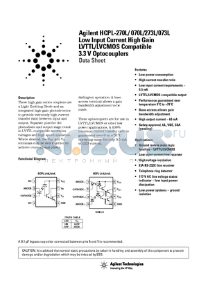 HCPL-270L500 datasheet - Low Input Current High Gain LVTTL/LVCMOS Compatible 3.3 V Optocouplers