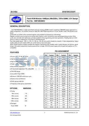 HMF4M32M8V-120 datasheet - Flash-ROM Module 16MByte (4Mx32Bit), 72Pin-SIMM, 3.3V Design