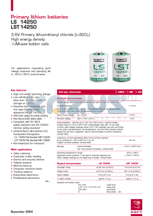 LS14250 datasheet - 3.6V Primary lithium-thionyl chloride (Li-SOCl2) High energy density 1/2 AA-size bobbin cells