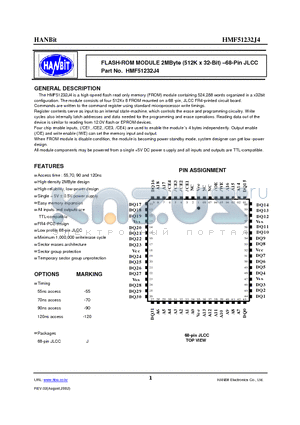 HMF51232J4-55 datasheet - FLASH-ROM MODULE 2MByte (512K x 32-Bit) - 68-Pin JLCC