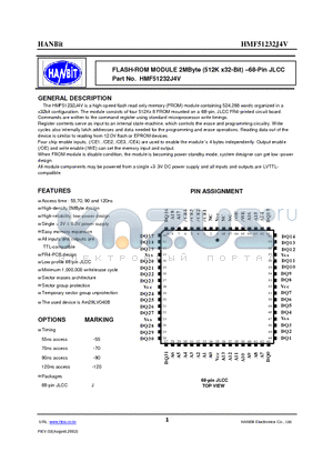 HMF51232J4V-120 datasheet - FLASH-ROM MODULE 2MByte (512K x32-Bit) - 68-Pin JLCC