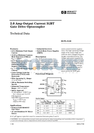 HCPL-3120 datasheet - 2.0 Amp Output Current IGBT Gate Drive Optocoupler