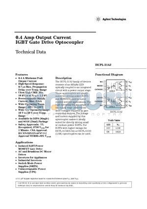 HCPL-314J-XXXE datasheet - 0.4 Amp Output Current IGBT Gate Drive Optocoupler