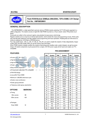 HMF8M32M8V-120 datasheet - Flash-ROM Module 32MByte (8Mx32Bit), 72Pin-SIMM, 3.3V Design