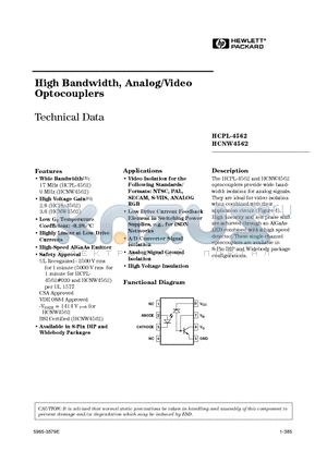 HCPL-4562 datasheet - High Bandwidth, Analog/Video Optocouplers