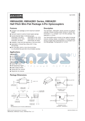 HMHA281 datasheet - Half Pitch Mini-Flat Package 4-Pin Optocouplers