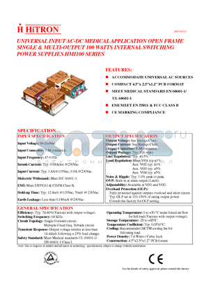 HMI100-Q050KKE datasheet - UNIVERSAL INPUT AC-DC MEDICAL APPLICATION OPEN FRAME SINGLE & MULTI-OUTPUT 100 WATTS INTERNAL SWITCHING POWER SUPPLIES