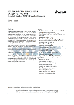 HCPL-5230 datasheet - Hermetically Sealed Low IF, Wide VCC, Logic Gate Optocouplers