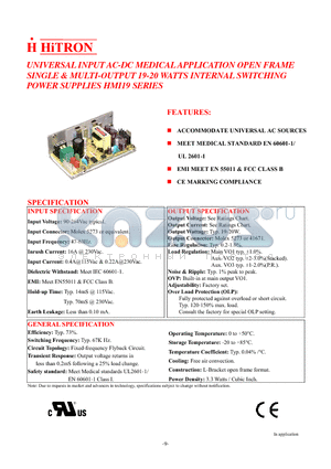 HMI19-D033I datasheet - UNIVERSAL INPUT AC-DC MEDICAL APPLICATION OPEN FRAME SINGLE & MULTI-OUTPUT 19-20 WATTS INTERNAL SWITCHING POWER SUPPLIES