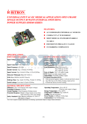 HMI40-T033EI datasheet - UNIVERSAL INPUT AC-DC MEDICAL APPLICATION OPEN FRAME SINGLE OUTPUT 40 WATTS INTERNAL SWITCHING POWER SUPPLIES