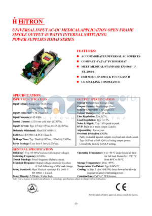 HMI43 datasheet - UNIVERSAL INPUT AC-DC MEDICAL APPLICATION OPEN FRAME SINGLE OUTPUT 43 WATTS INTERNAL SWITCHING POWER SUPPLIES