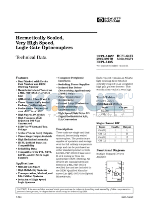 HCPL-540K datasheet - Hermetically Sealed, Very High Speed, Logic Gate Optocouplers