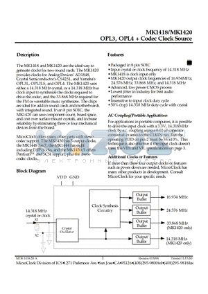 MK1418S datasheet - OPL3, OPL4  Codec Clock Source