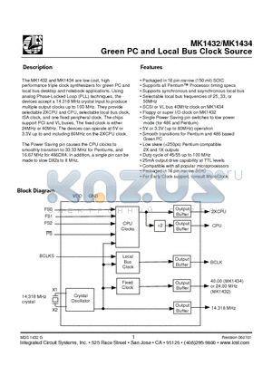 MK1432 datasheet - Green PC and Local Bus Clock Source