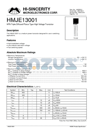 HMJE13001 datasheet - HMJE13001