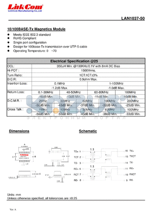 LAN1037-50 datasheet - 10/100BASE-Tx Magnetics Module