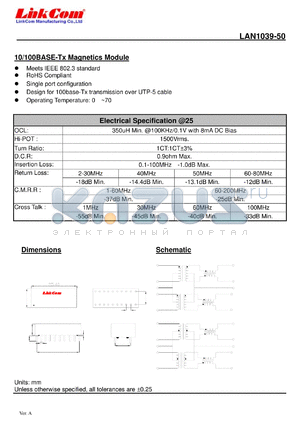 LAN1039-50 datasheet - 10/100BASE-Tx Magnetics Module