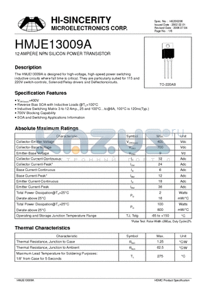 HMJE13009A datasheet - 12 AMPERE NPN SILICON POWER TRANSISTOR