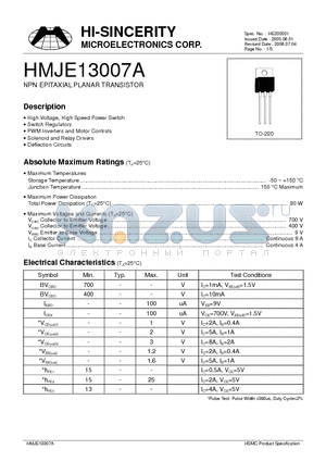 HMJE13007A datasheet - NPN EPITAXIAL PLANAR TRANSISTOR