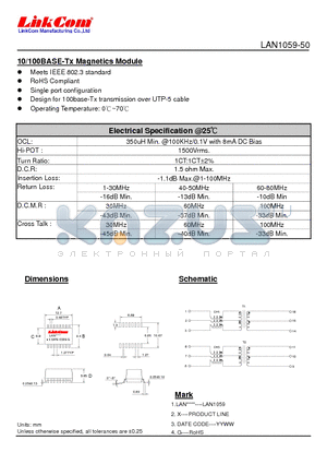 LAN1059-50 datasheet - 10/100BASE-Tx Magnetics Module