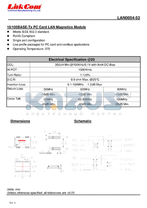 LAN0054-53 datasheet - 10/100BASE-Tx PC Card LAN Magnetics Module