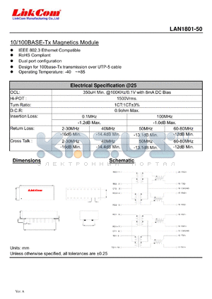 LAN1801-50 datasheet - 10/100BASE-Tx Magnetics Module