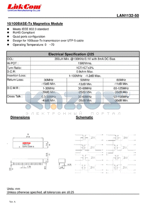 LAN1132-50 datasheet - 10/100BASE-Tx Magnetics Module